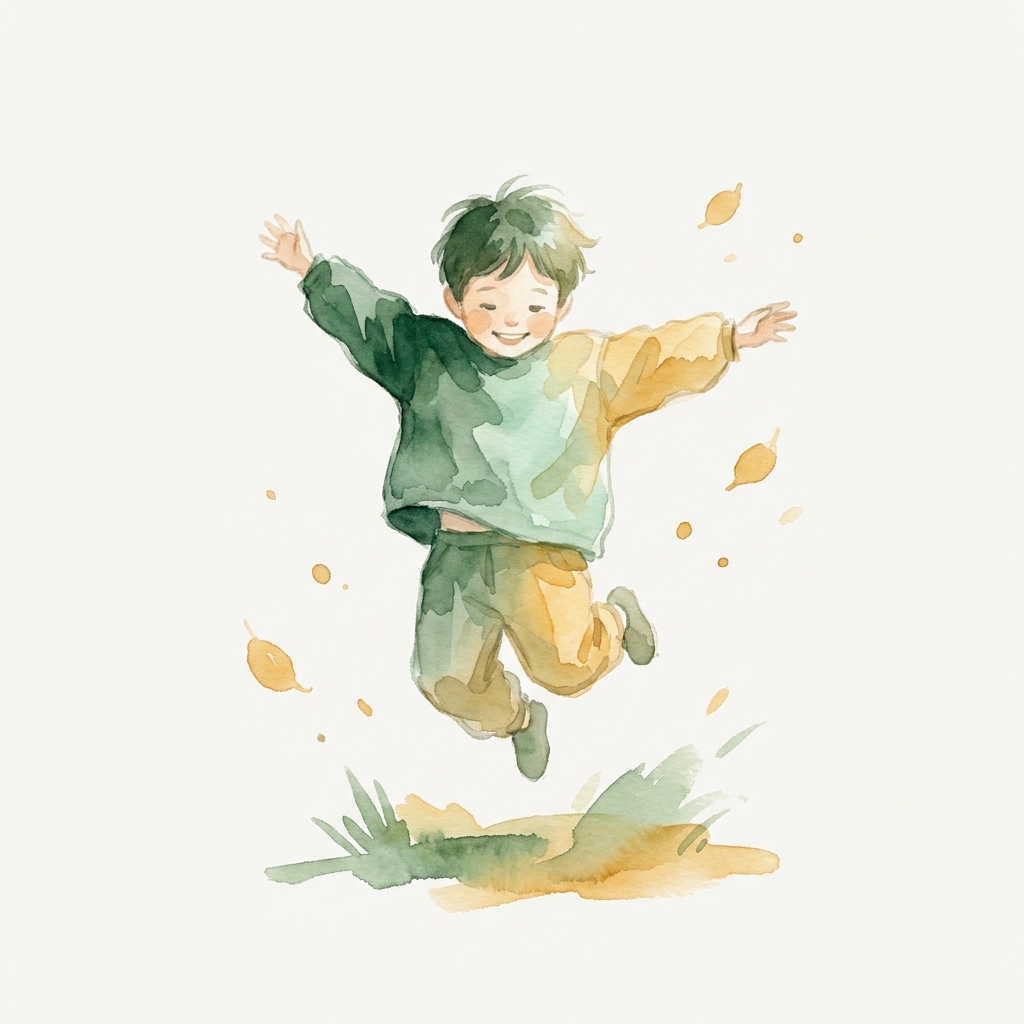 Watercolor illustration of a happy child jumping
